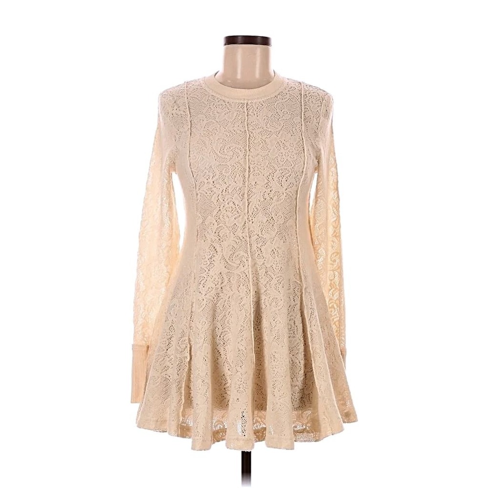 Free People Cream Lace Long Sleeve Babydoll Mini Dress Ivory OB514587 Size M